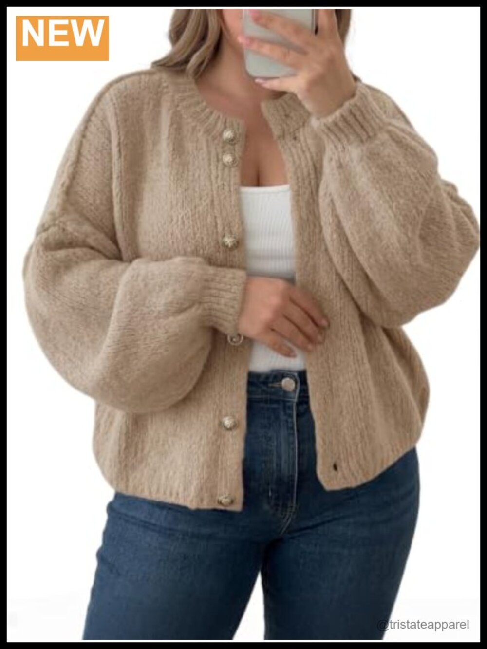 Women's Plus Size Button-Up Long Lantern Sleeve Cardigan Sweater